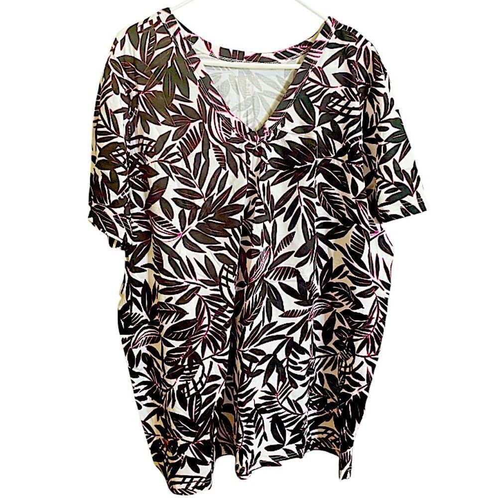 Woman Within 2X  26/28 New Short Sleeve Womens Top Blouse Tropical Leaves Casual